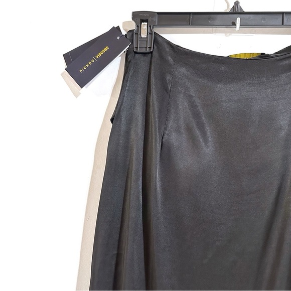 Piombo Silky Satin Faux Wrap Midi Skirt Ruching Front Slit In Black Sz 8 NWT - Picture 4 of 8